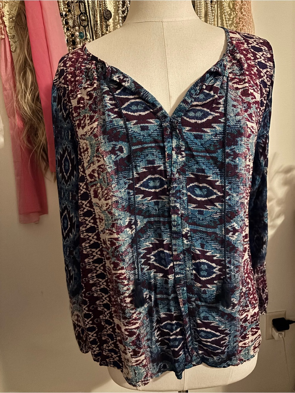 Lucky Brand Boho Ikat Geometric Pattern Peasant Blouse Long Sleeve Top L